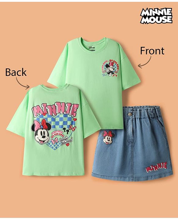 Pine Kids Disney Single Jersey Knit Drop Shoulder Half Sleeves Oversized T-Shirt & Skirt Set with Front & Back Minnie Mouse Graphics - Light Green & Blue