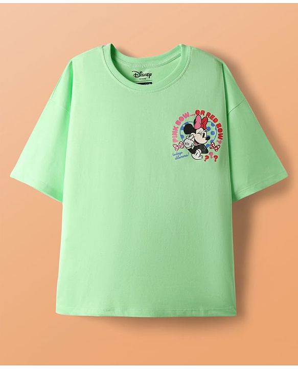 Pine Kids Disney Single Jersey Knit Drop Shoulder Half Sleeves Oversized T-Shirt & Skirt Set with Front & Back Minnie Mouse Graphics - Light Green & Blue