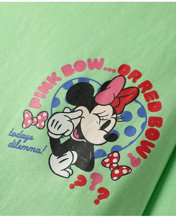Pine Kids Disney Single Jersey Knit Drop Shoulder Half Sleeves Oversized T-Shirt & Skirt Set with Front & Back Minnie Mouse Graphics - Light Green & Blue