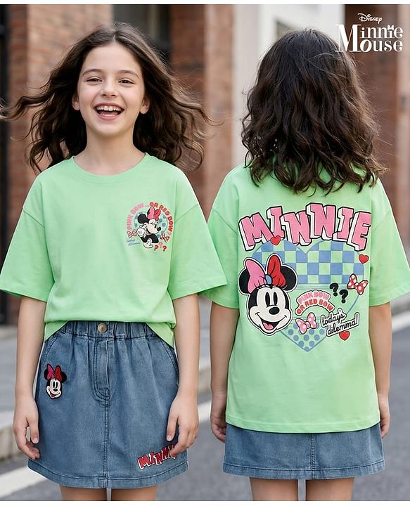Pine Kids Disney Single Jersey Knit Drop Shoulder Half Sleeves Oversized T-Shirt & Skirt Set with Front & Back Minnie Mouse Graphics - Light Green & Blue