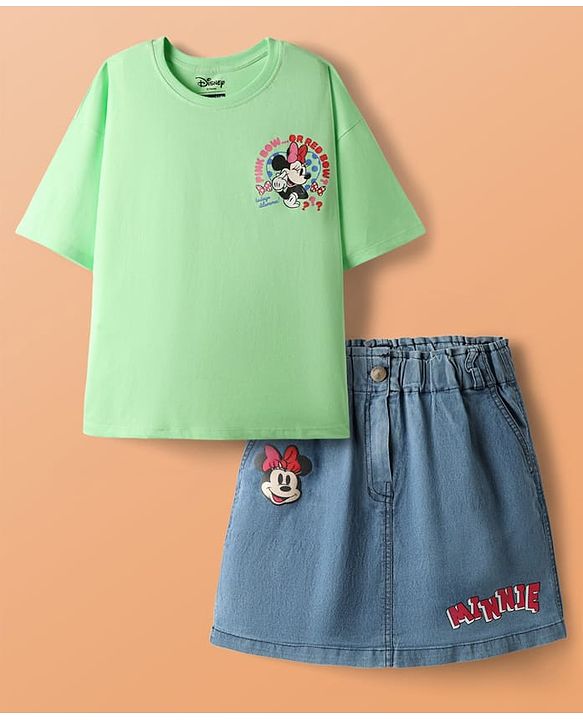 Pine Kids Disney Single Jersey Knit Drop Shoulder Half Sleeves Oversized T-Shirt & Skirt Set with Front & Back Minnie Mouse Graphics - Light Green & Blue