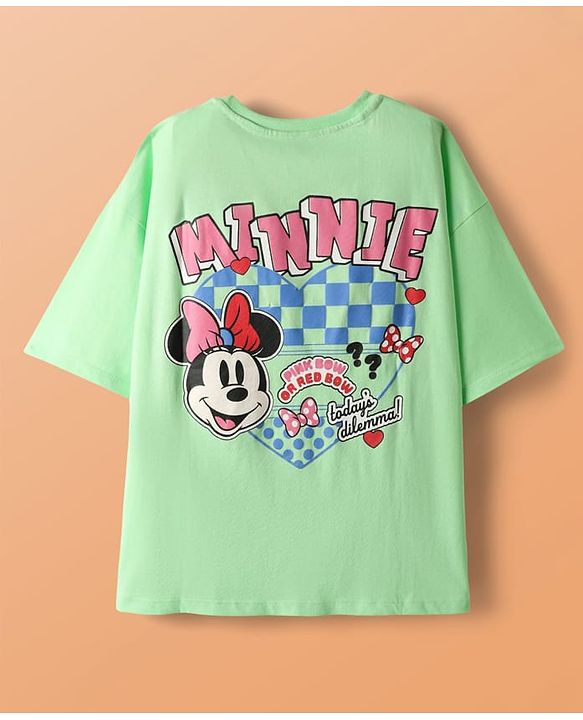 Pine Kids Disney Single Jersey Knit Drop Shoulder Half Sleeves Oversized T-Shirt & Skirt Set with Front & Back Minnie Mouse Graphics - Light Green & Blue