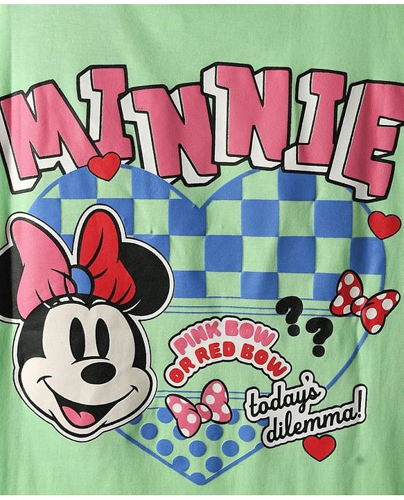 Pine Kids Disney Single Jersey Knit Drop Shoulder Half Sleeves Oversized T-Shirt & Skirt Set with Front & Back Minnie Mouse Graphics - Light Green & Blue