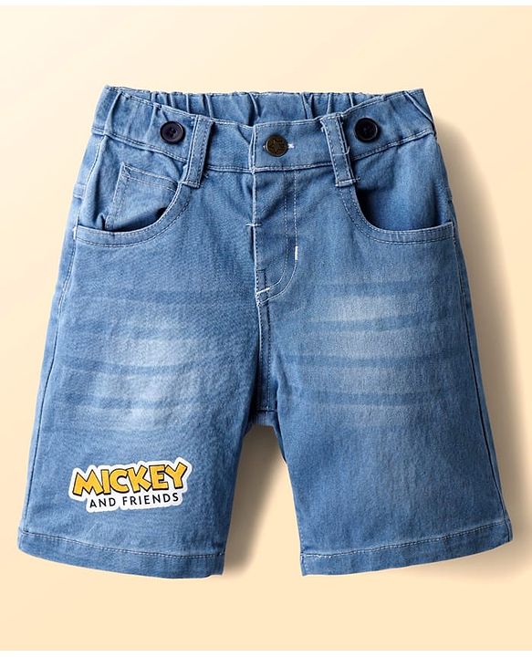 Babyhug Disney Single Jersey Knit Half Sleeves T-Shirt & Denim Shorts With Suspender Set With Mickey & Friends Graphics - White & Blue