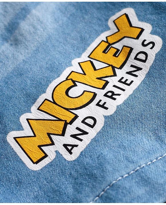Babyhug Disney Single Jersey Knit Half Sleeves T-Shirt & Denim Shorts With Suspender Set With Mickey & Friends Graphics - White & Blue