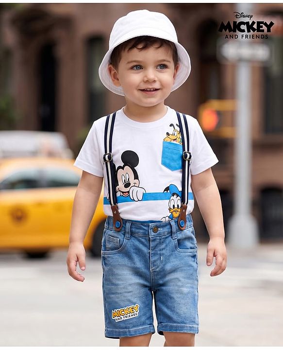 Babyhug Disney Single Jersey Knit Half Sleeves T-Shirt & Denim Shorts With Suspender Set With Mickey & Friends Graphics - White & Blue