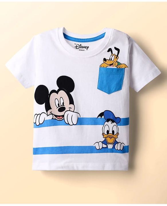 Babyhug Disney Single Jersey Knit Half Sleeves T-Shirt & Denim Shorts With Suspender Set With Mickey & Friends Graphics - White & Blue