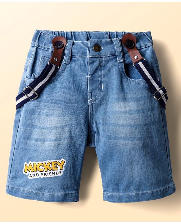 Babyhug Disney Single Jersey Knit Half Sleeves T-Shirt & Denim Shorts With Suspender Set With Mickey & Friends Graphics - White & Blue