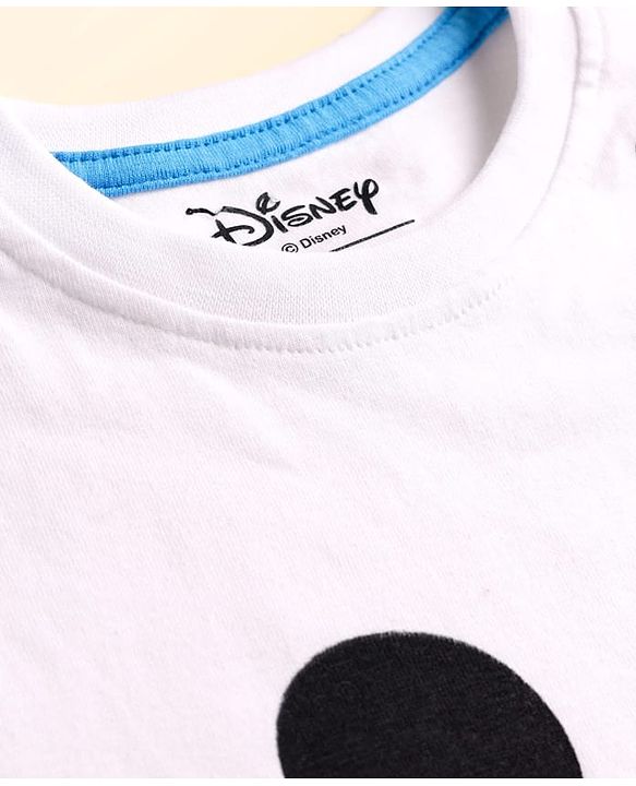 Babyhug Disney Single Jersey Knit Half Sleeves T-Shirt & Denim Shorts With Suspender Set With Mickey & Friends Graphics - White & Blue