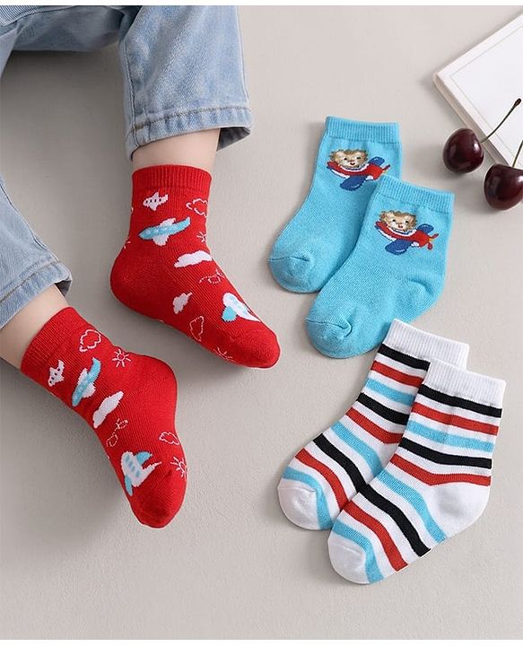 Cute Walk by Babyhug Knit Ankle Length Antibacterial Socks with Vehicle & Stripe Design Pack Of 3 - Red & Light Blue