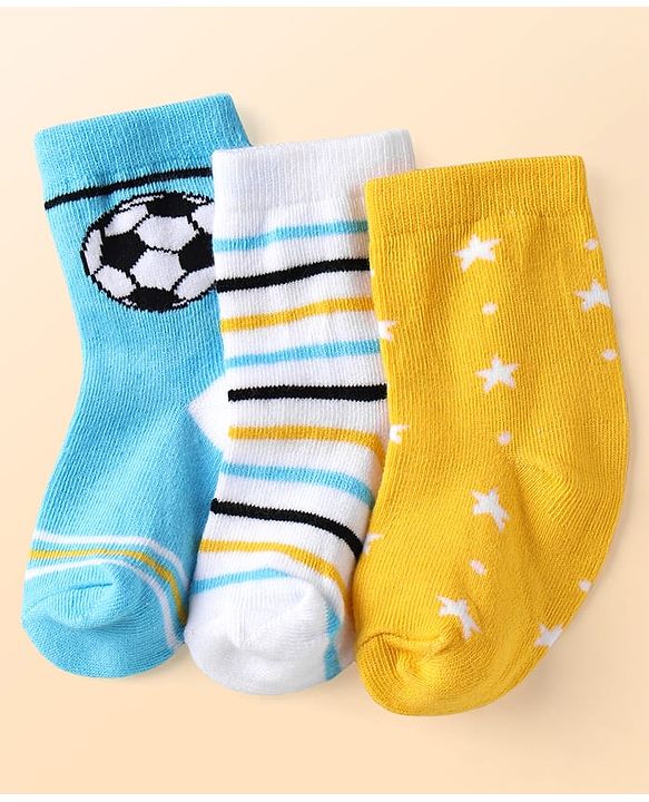 Cute Walk by Babyhug Knit Ankle Length Anti Bacterial Socks with Stripe & Star Design Pack of 3 - Yellow White & Light Blue