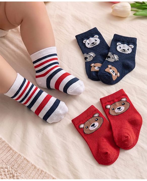 Cute Walk By Babyhug Knit Ankle Length Anti Bacterial Socks With Stripes & Teddy Bear Design Pack of 3 - Red White & Navy Blue