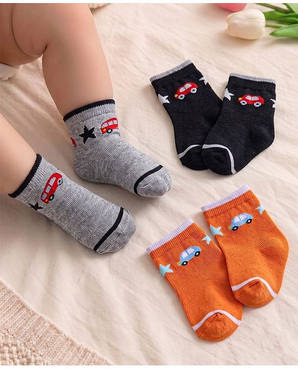 Cute Walk by Babyhug Knit Ankle Length Anti Bacterial Socks with Vehicle Design Pack of 3 - Orange Grey & Black