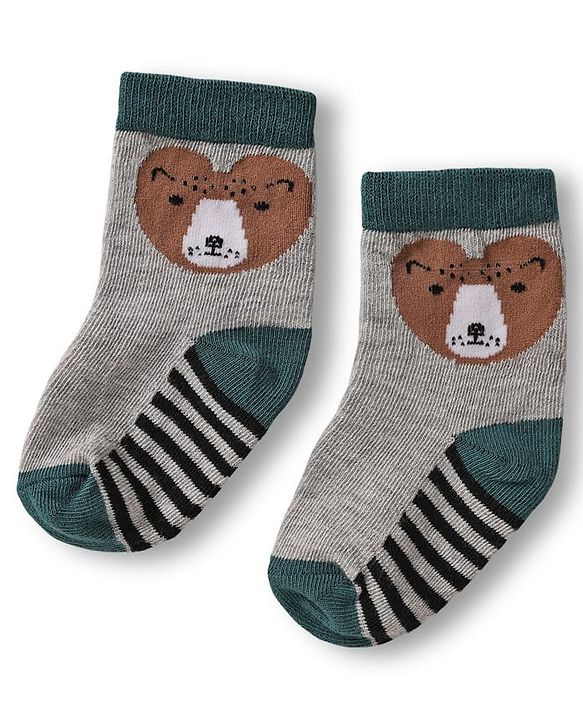 Cute Walk by Babyhug Knit Ankle Length Anti Bacterial Socks with Animal Design & Stripes Pack of 3 - Multicolor