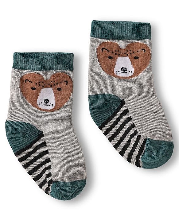 Cute Walk by Babyhug Knit Ankle Length Anti Bacterial Socks with Animal Design & Stripes Pack of 3 - Multicolor
