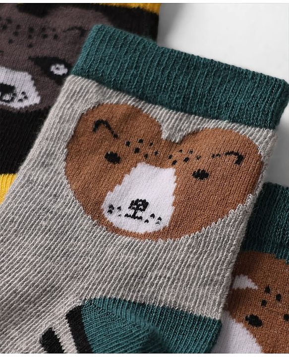 Cute Walk by Babyhug Knit Ankle Length Anti Bacterial Socks with Animal Design & Stripes Pack of 3 - Multicolor