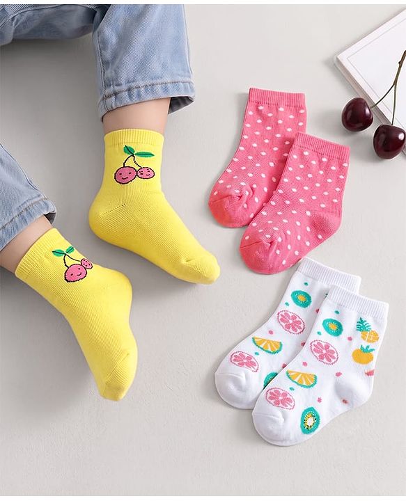 Cute Walk By Babyhug Knit Ankle Length Anti Bacterial Socks With Polka Dot & Fruit Design Pack of 3 - Yellow White & Pink