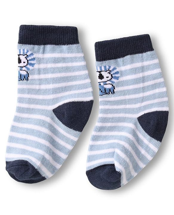 Cute Walk by Babyhug Knit Ankle Length Anti Bacterial Socks with Animal Design & Stripes Pack of 3 - Light & Navy Blue