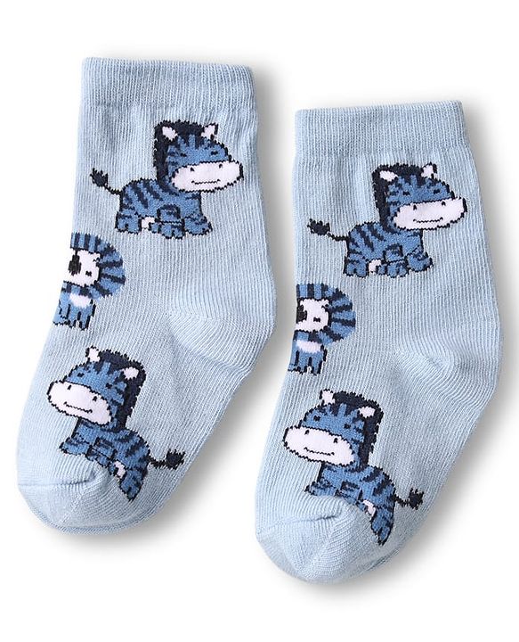 Cute Walk by Babyhug Knit Ankle Length Anti Bacterial Socks with Animal Design & Stripes Pack of 3 - Light & Navy Blue
