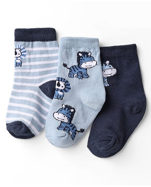 Cute Walk by Babyhug Knit Ankle Length Anti Bacterial Socks with Animal Design & Stripes Pack of 3 - Light & Navy Blue