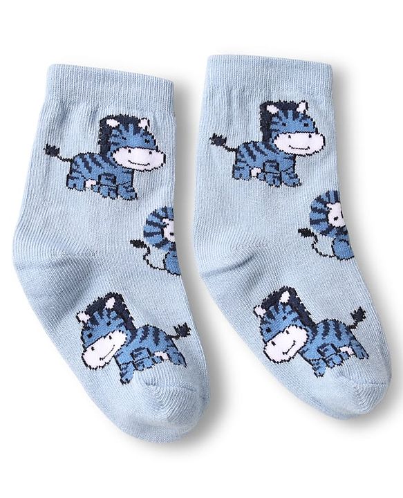Cute Walk by Babyhug Knit Ankle Length Anti Bacterial Socks with Animal Design & Stripes Pack of 3 - Light & Navy Blue