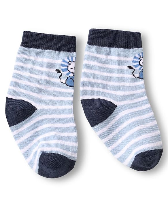 Cute Walk by Babyhug Knit Ankle Length Anti Bacterial Socks with Animal Design & Stripes Pack of 3 - Light & Navy Blue