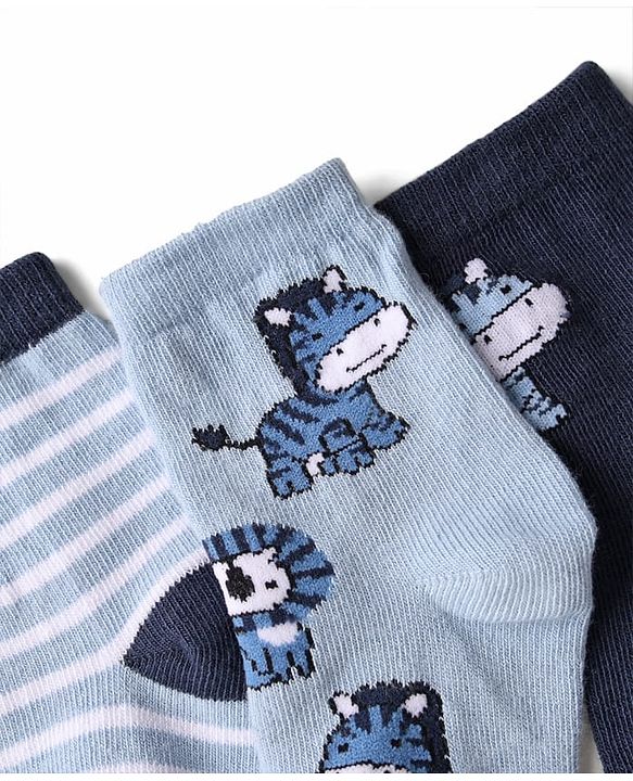 Cute Walk by Babyhug Knit Ankle Length Anti Bacterial Socks with Animal Design & Stripes Pack of 3 - Light & Navy Blue