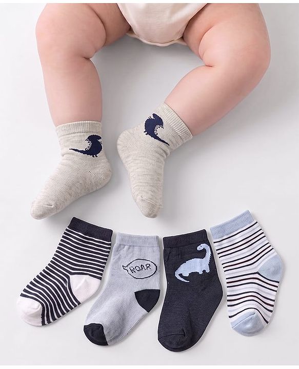 Cute Walk by Babyhug Ankle Length Anti Bacterial Socks With Stripes & Dino Design Pack of 5 - Multicolor