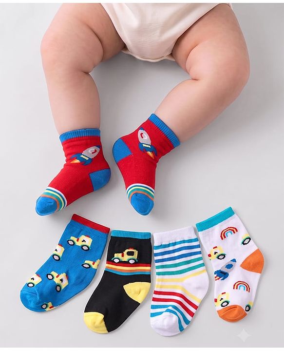 Cute Walk By Babyhug Ankle Length Anti Bacterial Socks With Car & Rocket Design Pack of 5 - Multicolor