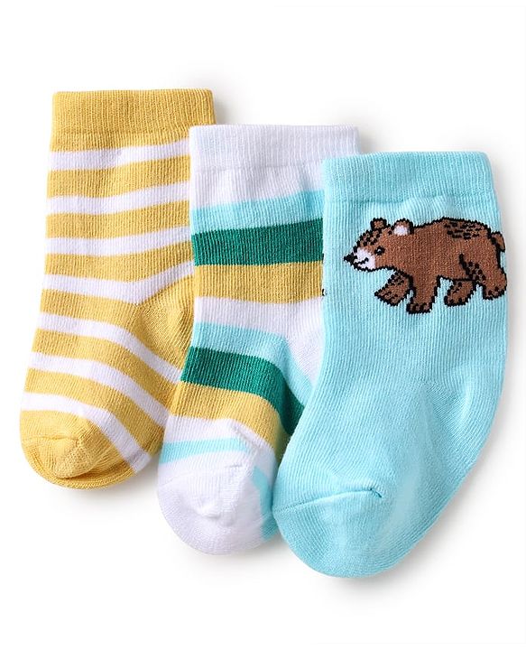 Cute Walk by Babyhug Knit Ankle Length Anti Bacterial Socks with Stripe & Bear Design Pack of 3 - White Light Blue & Orange