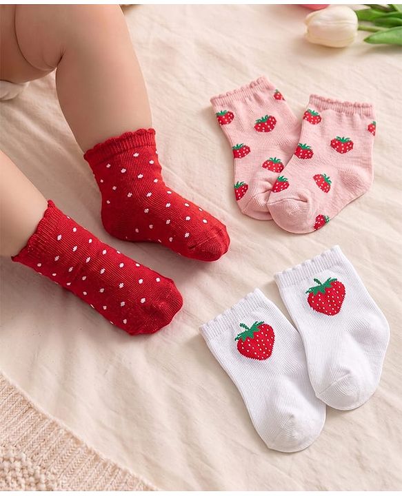Cute Walk By Babyhug Knit Ankle Length Anti Bacterial Socks With Polka Dot & Strawberry Design Pack of 3 - White Pink & Red