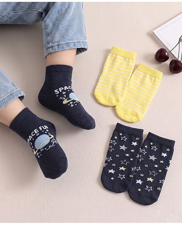 Cute Walk by Babyhug Ankle Length Anti Bacterial Socks With Stripes & Space Theme Design Pack of 3 - Navy Blue & Yellow