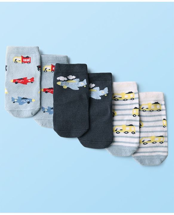 Cute Walk by Babyhug Knit Ankle Length Anti Bacterial Socks with Airplane Design Pack of 3 - Multicolor