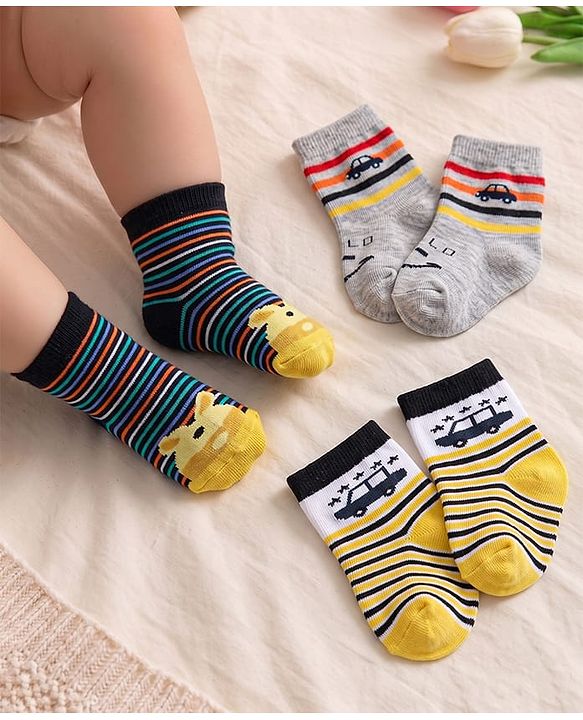 Cute Walk by Babyhug Knit Ankle Length Anti Bacterial Socks with Animal Design & Stripes Pack of 3 - Multicolor