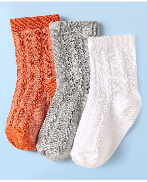 Cute Walk By Babyhug Knit Ankle Length Anti Bacterial Solid Socks Pack of 3 - White Grey & Orange