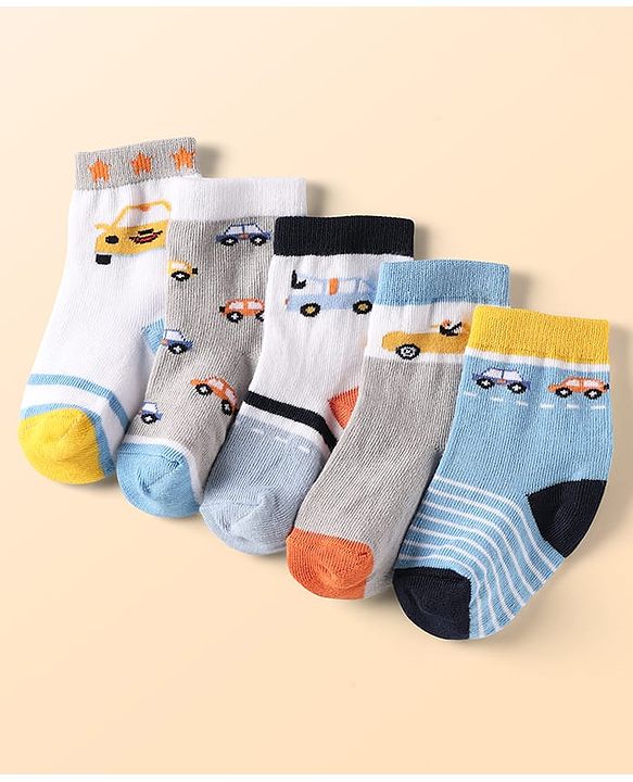 Cute Walk by Babyhug Ankle Length Anti Bacterial Socks With Car Design Pack of 5 - Multicolor