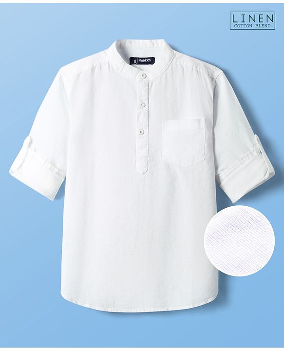 Pine Kids Linen Woven Full Sleeves Solid Color Mandarin Collar Kurta Style Shirt - White
