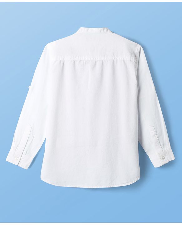 Pine Kids Linen Woven Full Sleeves Solid Color Mandarin Collar Kurta Style Shirt - White