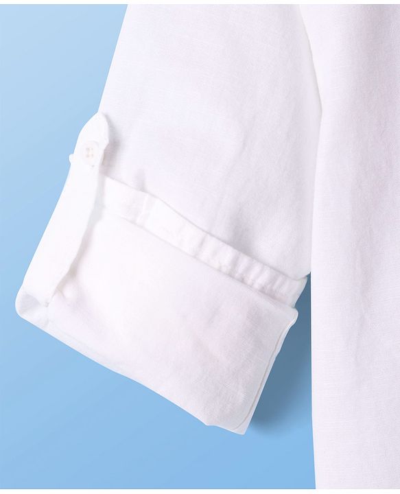 Pine Kids Linen Woven Full Sleeves Solid Color Mandarin Collar Kurta Style Shirt - White
