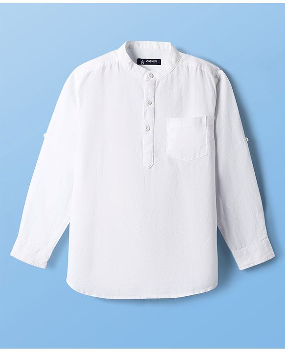 Pine Kids Linen Woven Full Sleeves Solid Color Mandarin Collar Kurta Style Shirt - White