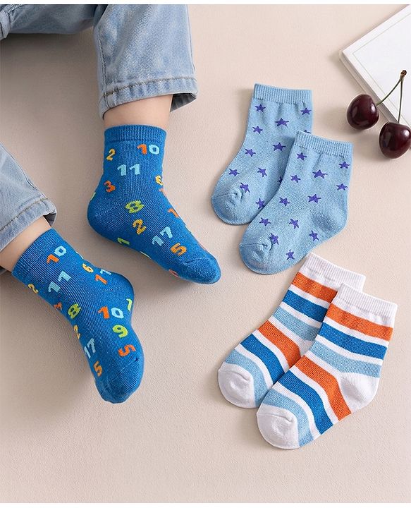 Cute Walk By Babyhug Knit Ankle Length Anti Bacterial Socks With Stripes & Star Design Pack of 3 - White & Blue