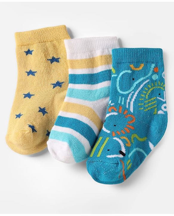 Cute Walk By Babyhug Knit Ankle Length Anti Bacterial Socks With Stripes & Animal Design Pack of 3 - Blue White & Yellow