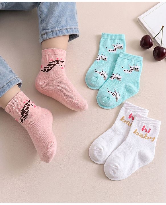 Cute Walk by Babyhug Knit Ankle Length Anti Bacterial Socks With Animal Design Pack of 3 - White Blue & Pink