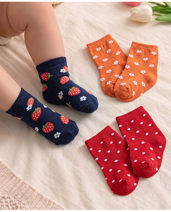Cute Walk By Babyhug Knit Ankle Length Anti Bacterial Socks With Floral & Strawberry Design Pack of 3 - Orange Red & Black