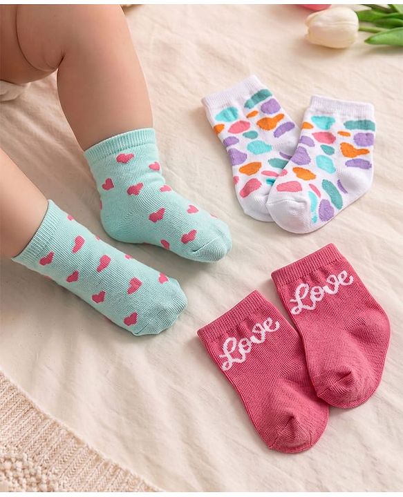 Cute Walk by Babyhug Knit Ankle Length Anti Bacterial Socks with Heart Design Pack of 3 - Pink White & Light Blue
