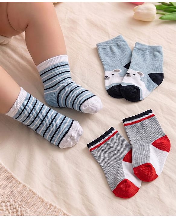 Cute Walk by Babyhug Knit Ankle Length Anti Bacterial Socks with Bear Design & Stripes Pack of 3 - Multicolor