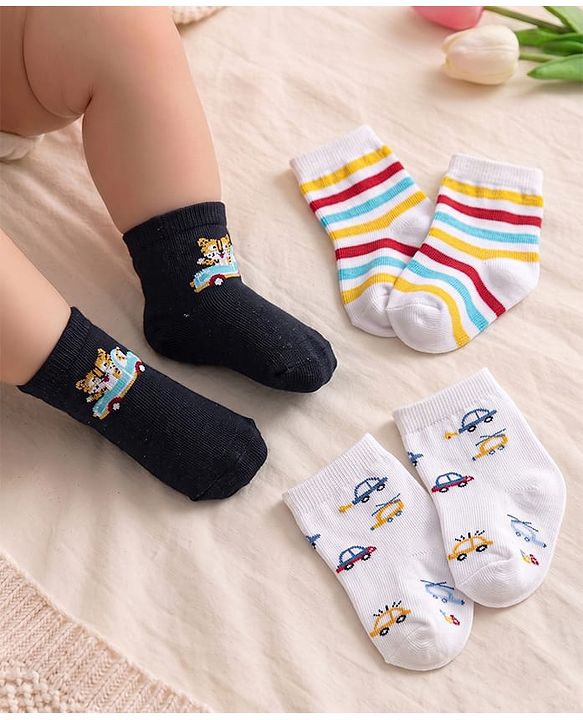 Cute Walk by Babyhug Knit Ankle Length Anti Bacterial Socks with Vehicle Design & Stripes Pack of 3 - Black & White