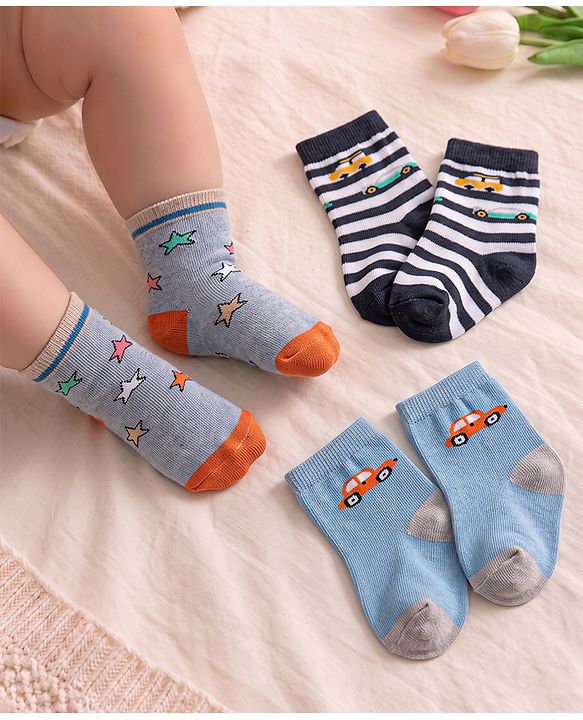 Cute Walk by Babyhug Knit Ankle Length Anti Bacterial Striped Socks with Car & Star Design Pack of 3 - Multicolor