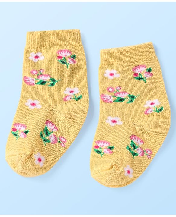Cute Walk By Babyhug Knit Ankle Length Anti Bacterial Socks With Stripes & Floral Design Pack of 3 - Pink Yellow & White