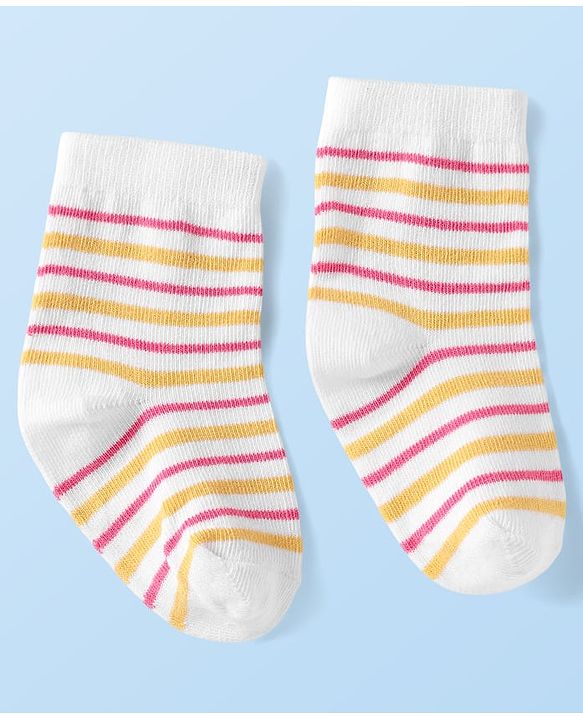 Cute Walk By Babyhug Knit Ankle Length Anti Bacterial Socks With Stripes & Floral Design Pack of 3 - Pink Yellow & White
